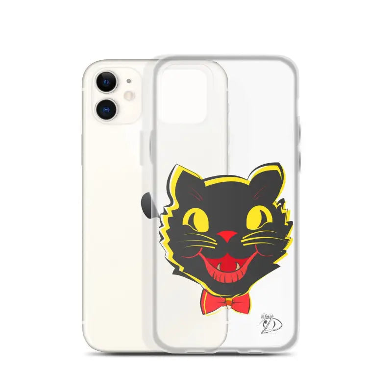 Clear phone case with cartoon black cat face and red bowtie for sleek iPhone® Case