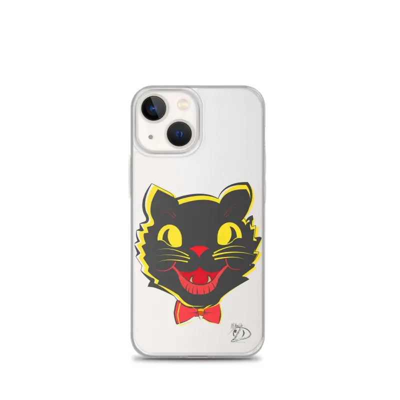 Clear Vintage Cat Guardian iPhone® Case with black cat design, aligned port openings