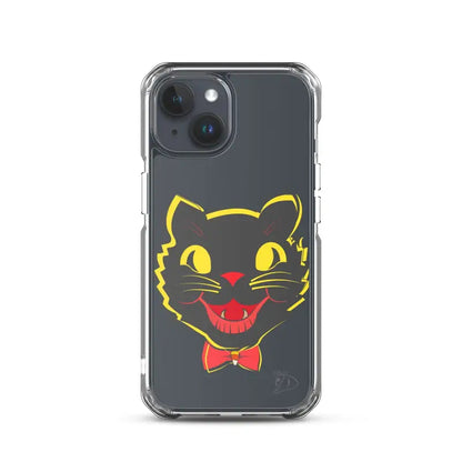 Sleek iPhone® case featuring a cartoon black cat face and aligned port openings