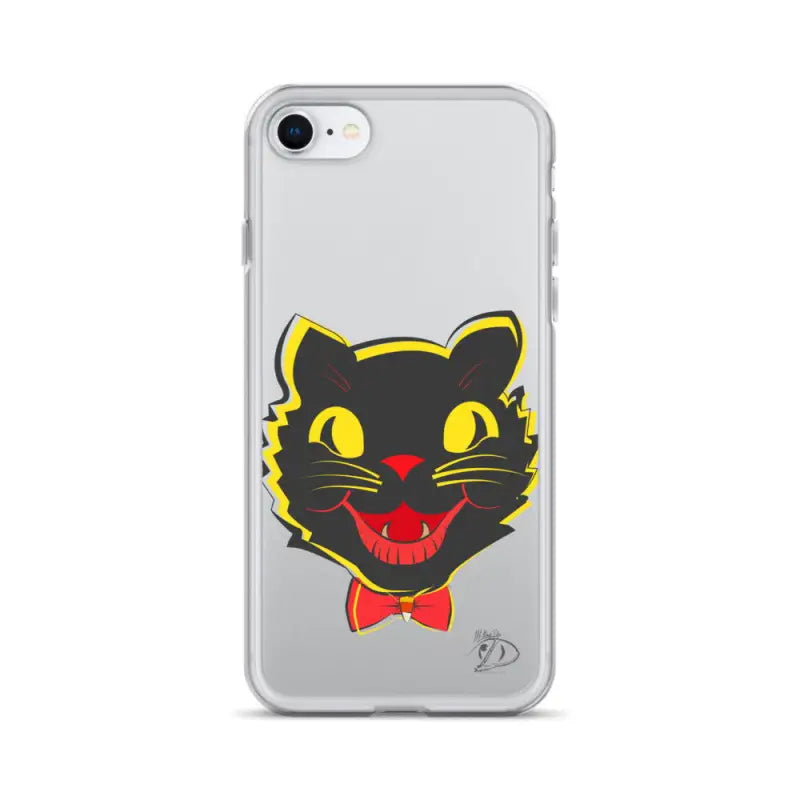 Clear iPhone case with retro black cat design, aligned port openings, and sleek protection