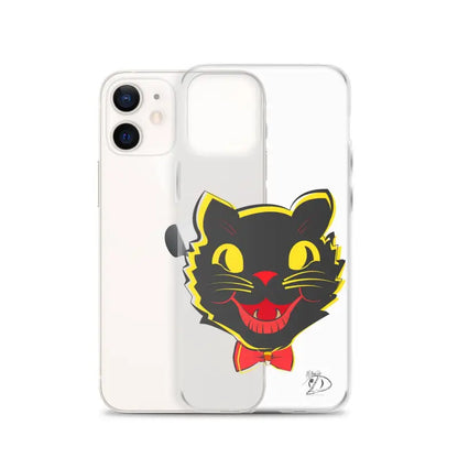 Clear phone case featuring a mischievous black cat design on a sleek iPhone® case