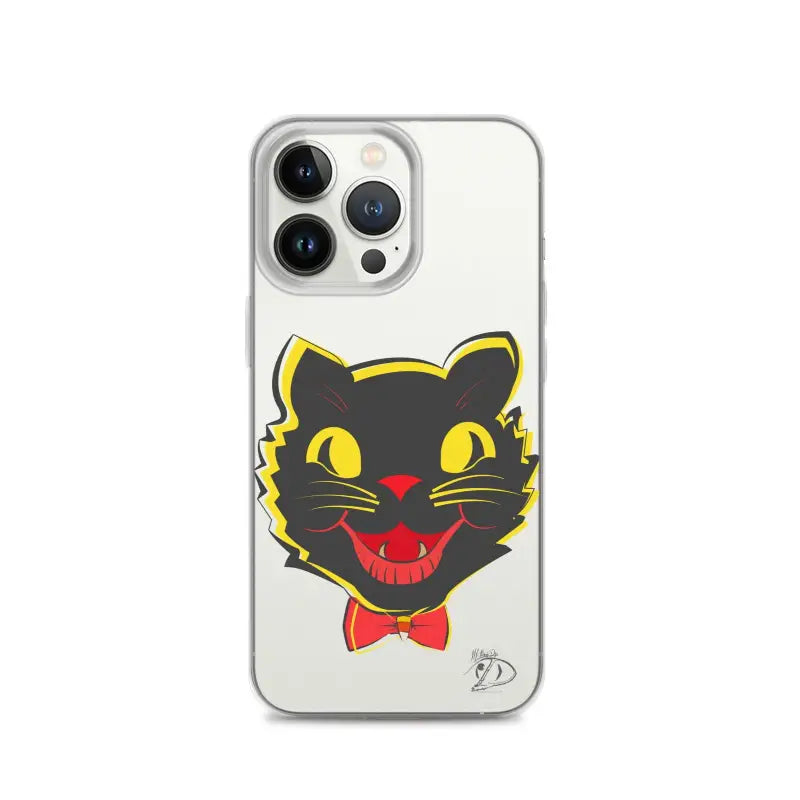 Clear phone case with retro black cat design, sleek iPhone® case with aligned port openings