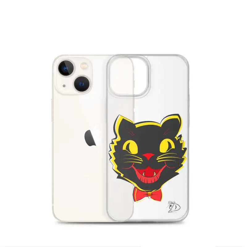 Clear phone case featuring a smiling black cat design on a sleek iPhone® case