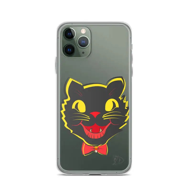 Sleek iPhone® case with black cat face design, aligned port openings, and see-through polyurethane