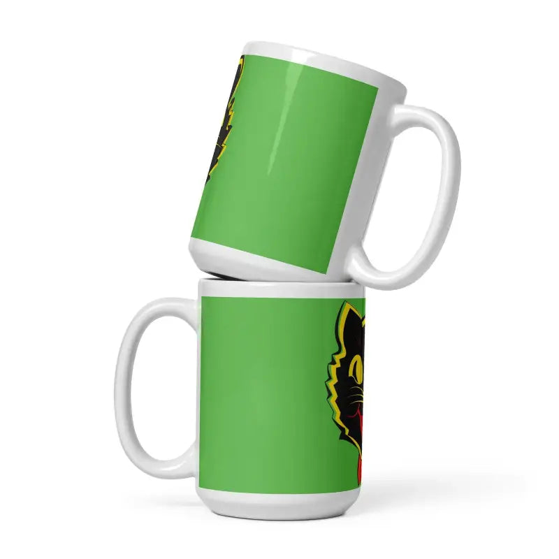 Two stacked white ceramic mugs with a green design, embodying Vintage Cat White charm