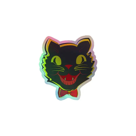 Vintage Cat Holographic Sticker featuring a black cat’s face with green eyes and red fangs