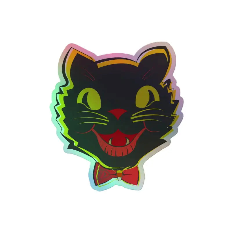 Holographic sticker featuring a vintage cat face with yellow eyes and red bowtie