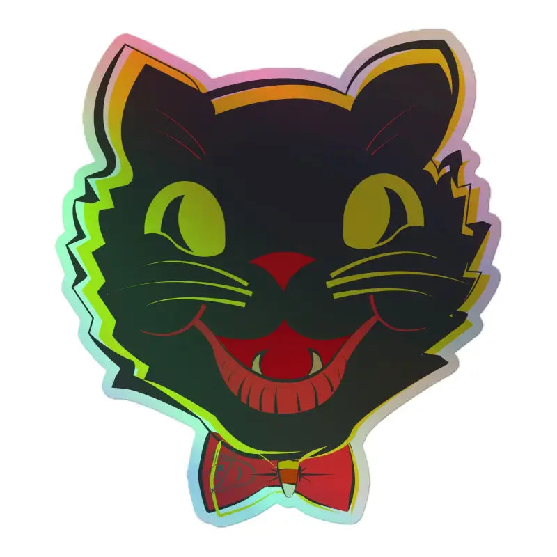 Vintage cat holographic sticker featuring a grinning black cat with yellow eyes and red fangs