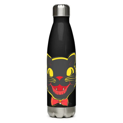 Black stainless steel water bottle featuring a vintage cat design for daily adventures