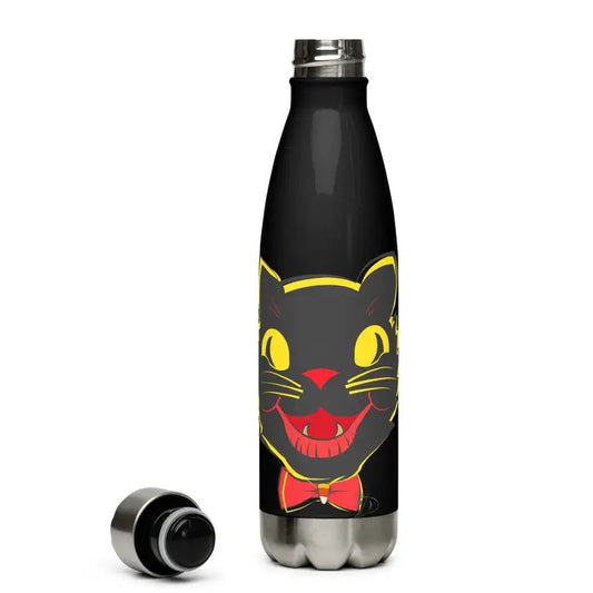 Black stainless steel water bottle featuring a whimsical vintage cat design for daily adventures