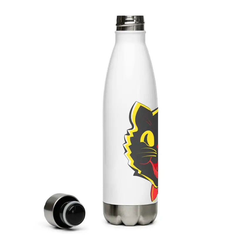 White stainless steel water bottle featuring a whimsical black cat design for daily adventures