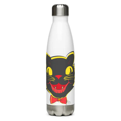 White stainless steel water bottle featuring a black cat design for daily adventures