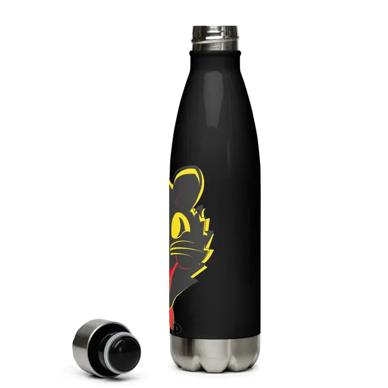 Black stainless steel water bottle featuring whimsical yellow cat design for daily adventures