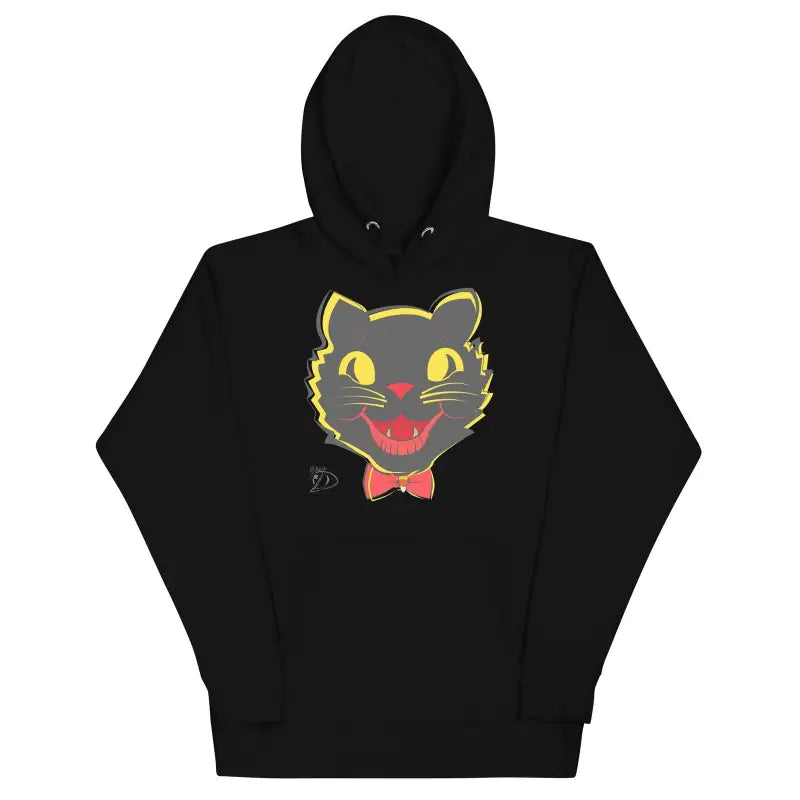 Vintage Cat Unisex Hoodie featuring a whimsical black cat face with vibrant details