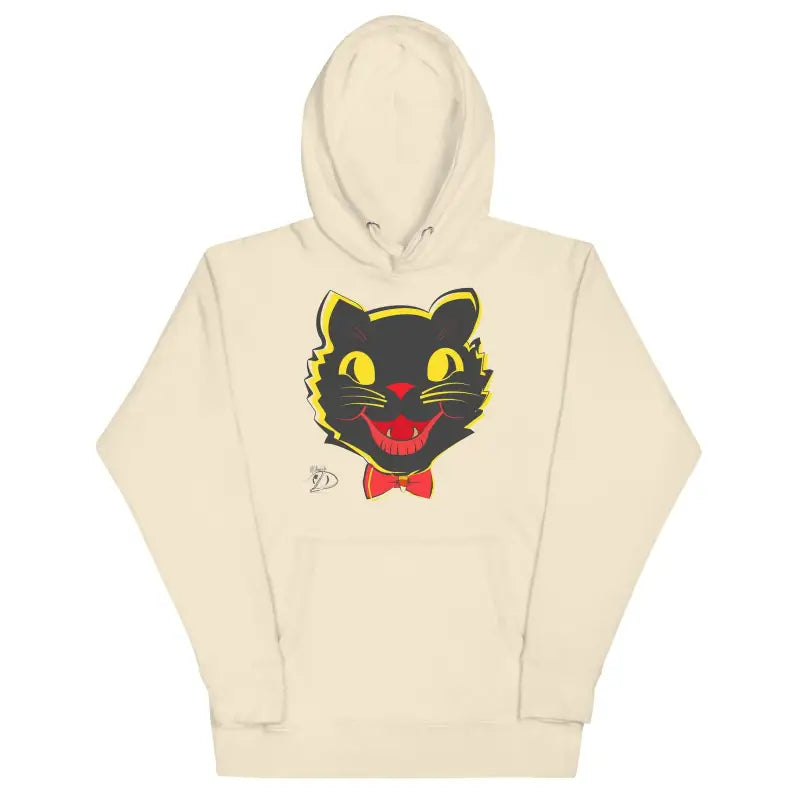 Cream-colored Vintage Cat Unisex Hoodie with black cat face and yellow eyes design