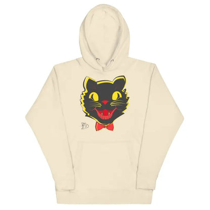 Cream-colored Vintage Cat Unisex Hoodie with black cat face and yellow eyes design