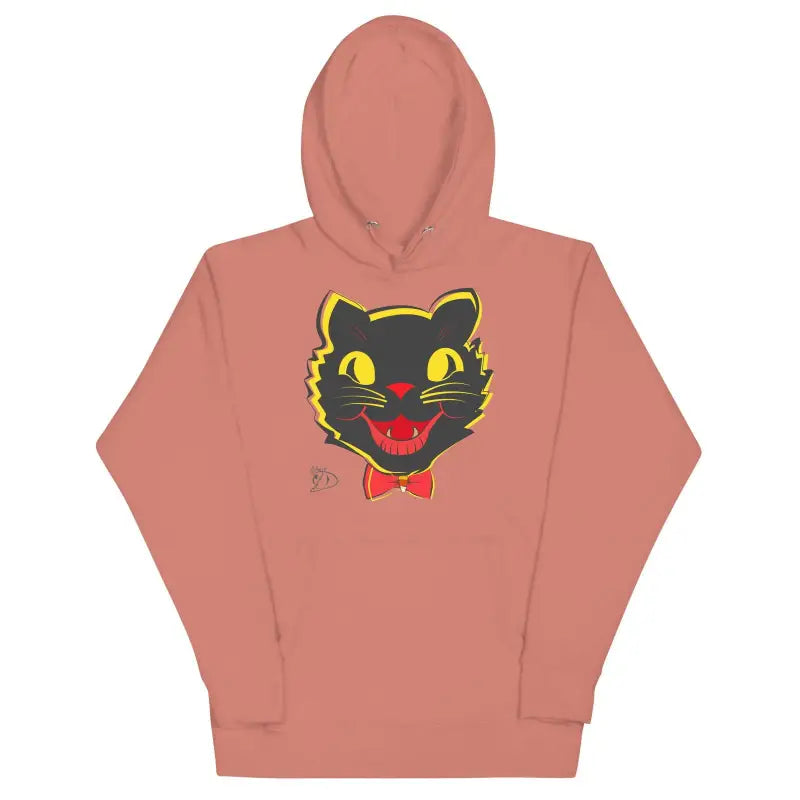 Dusty pink Vintage Cat Unisex Hoodie with cartoon cat face, yellow eyes, and red bow tie