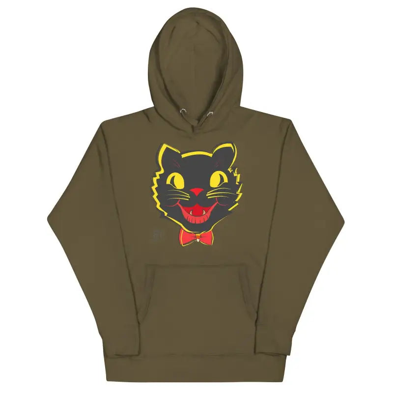 Olive green Vintage Cat Unisex Hoodie featuring a whimsical cartoon black cat face design