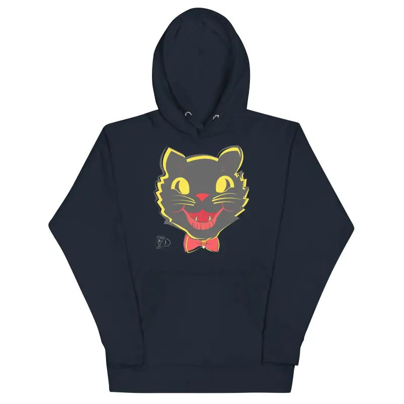 Black hoodie featuring a cartoon black cat face with a red bow tie, Vintage Cat Unisex design