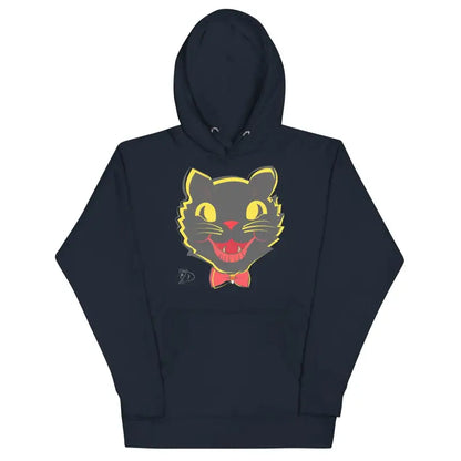 Black hoodie featuring a cartoon black cat face with a red bow tie, Vintage Cat Unisex design