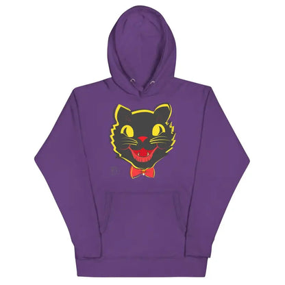 Purple Vintage Cat Unisex Hoodie featuring black cat face design with yellow outlines