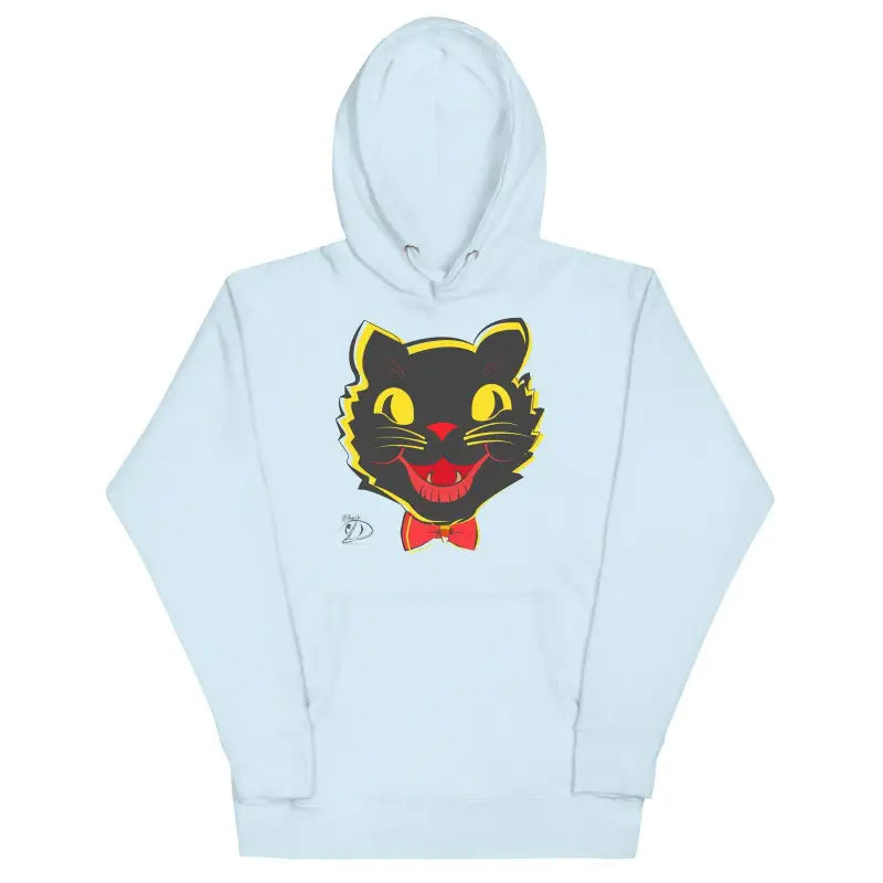 Light blue Vintage Cat Unisex Hoodie featuring a black cat face with yellow eyes