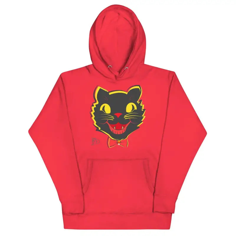 Red hoodie featuring black cat face design from Vintage Cat Unisex collection