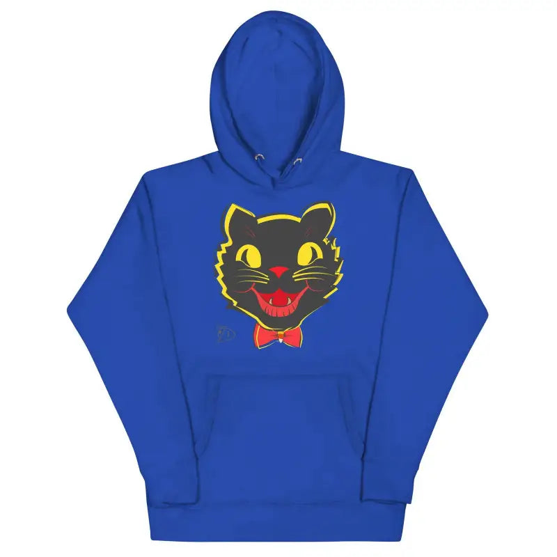 Royal blue vintage cat unisex hoodie with black cat face design and red bow tie