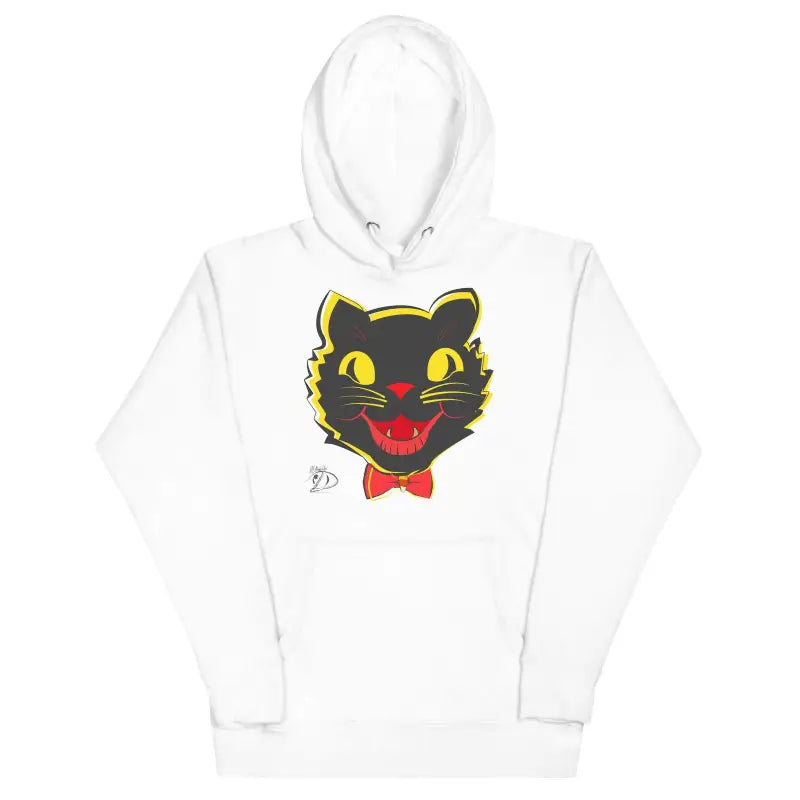 White vintage cat unisex hoodie featuring a black cat face design with a red bow tie