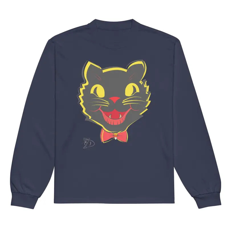 Navy blue vintage cat unisex long sleeve sweatshirt with grinning cat face and bow tie