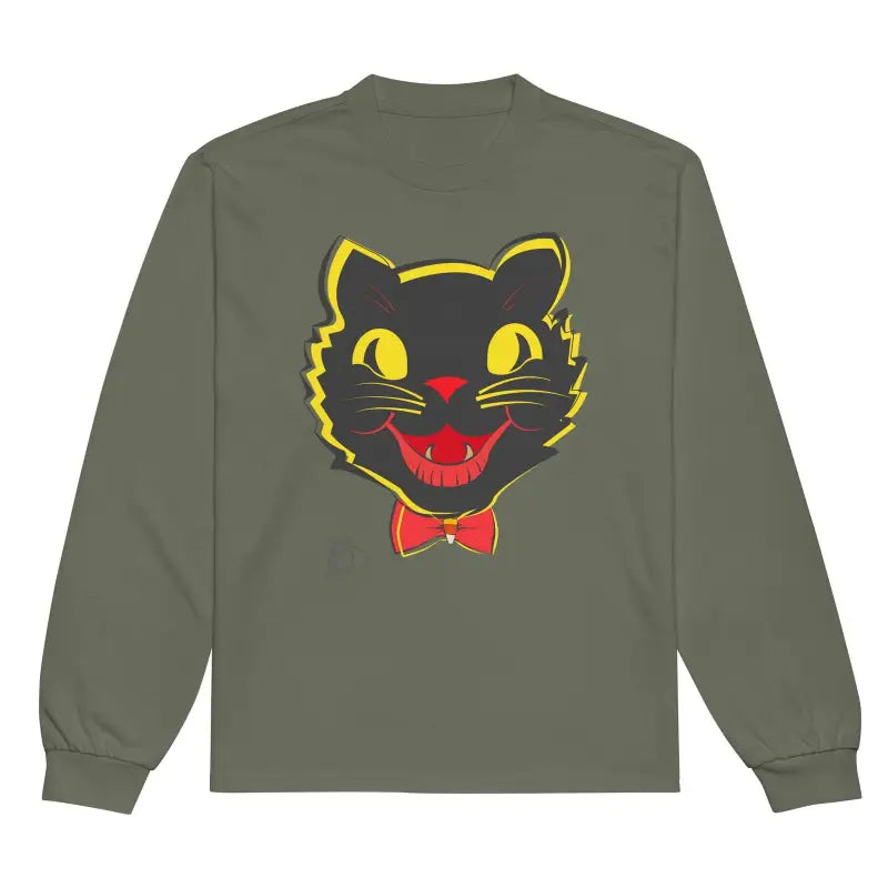 Olive green vintage cat unisex long sleeve sweatshirt with whimsical black cat design