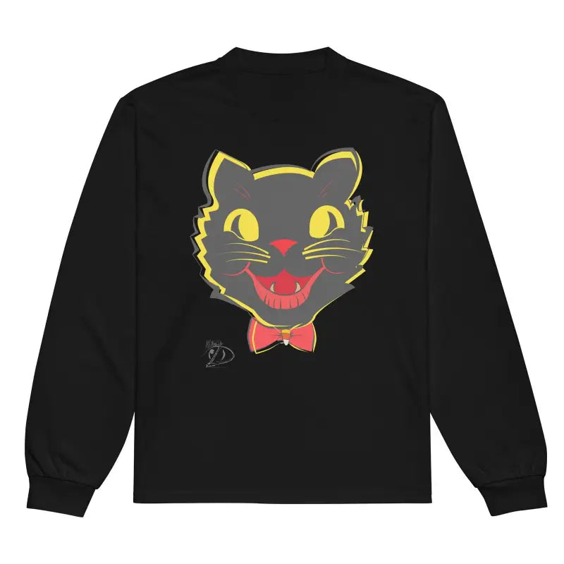 Black vintage cat unisex long sleeve sweatshirt with charming cartoon cat face design