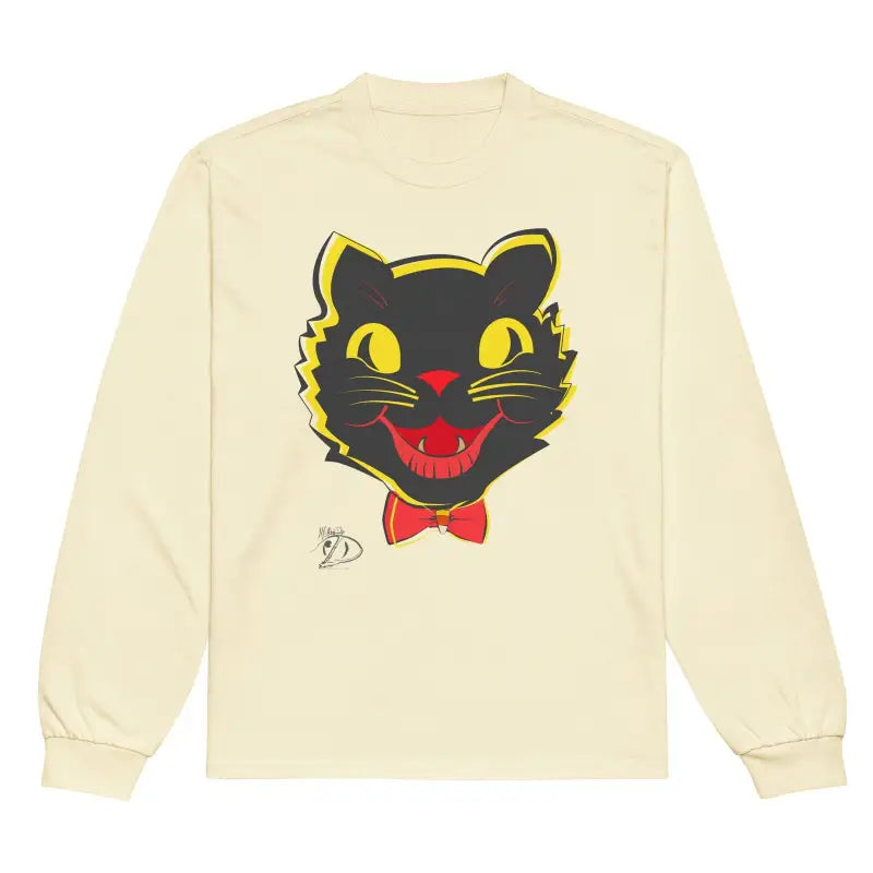 Cream-colored Vintage Cat Unisex Long Sleeve Sweatshirt with black cat face graphic