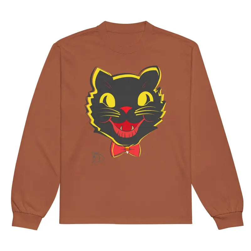 Brown long sleeve sweatshirt with vintage cat face design, featuring yellow eyes and red bowtie