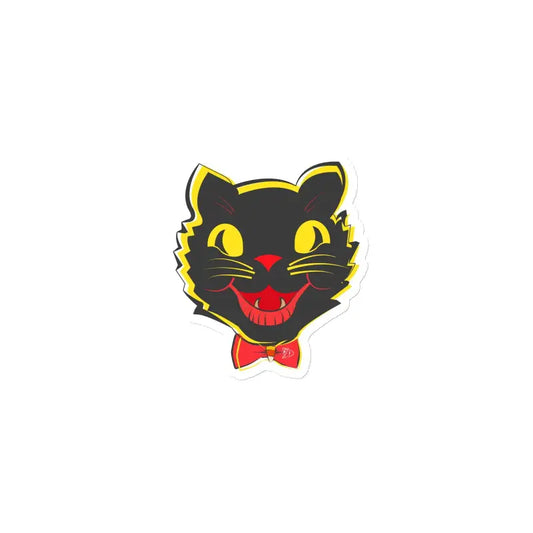 Vintage Halloween black cat magnet featuring a black cat head with yellow eyes and red bowtie