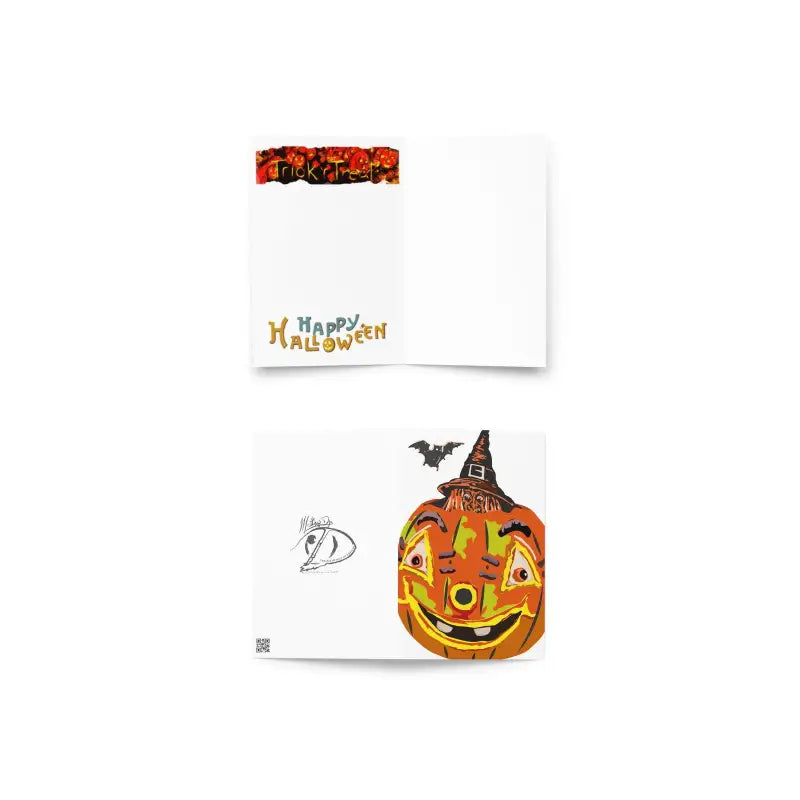 Smiling vintage pumpkin witch in a hat on a whimsical greeting card with a bat