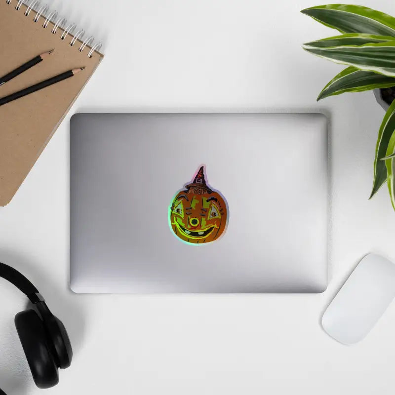 Holographic pumpkin sticker featuring Vintage Pumpkin Witch by Matthew Dye Art