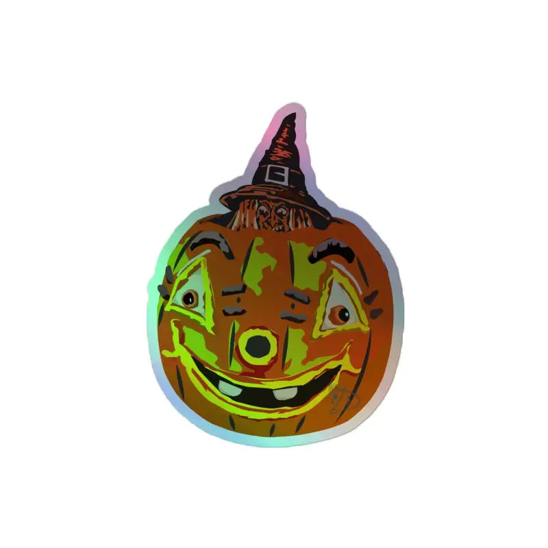 Holographic sticker of a smiling Vintage Pumpkin Witch in a witch hat by Matthew Dye Art