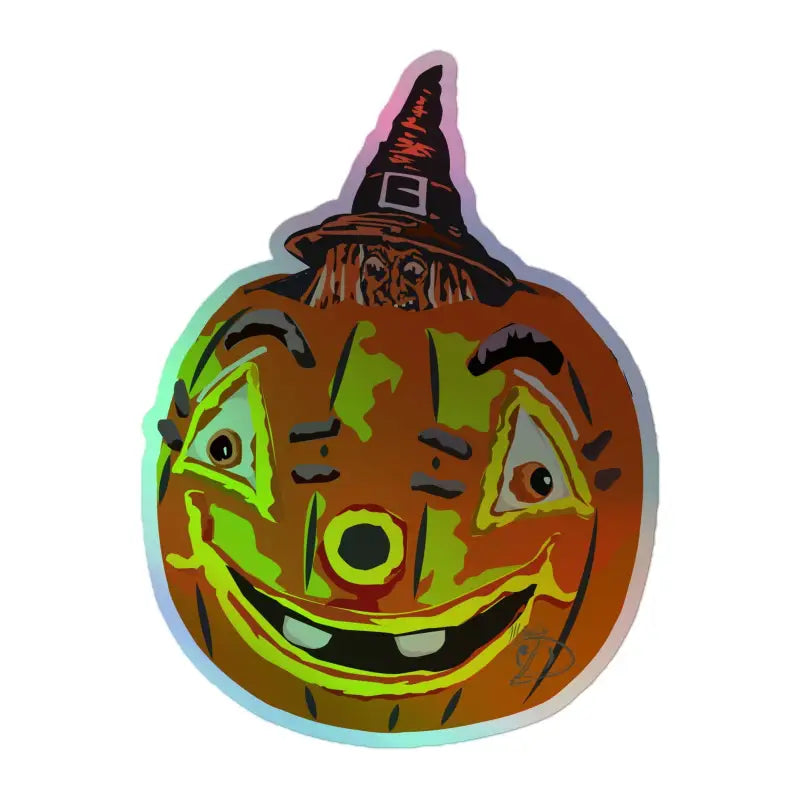 Smiling jack-o’-lantern in a witch hat from Matthew Dye Art vintage pumpkin witch holographic