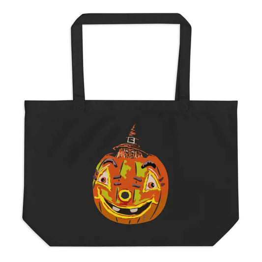 Black tote bag featuring a Vintage Pumpkin Witch design for Halloween festivities