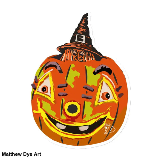 Whimsical Vintage Pumpkin wearing a witch hat from Matthew Dye Art for enchanting decor