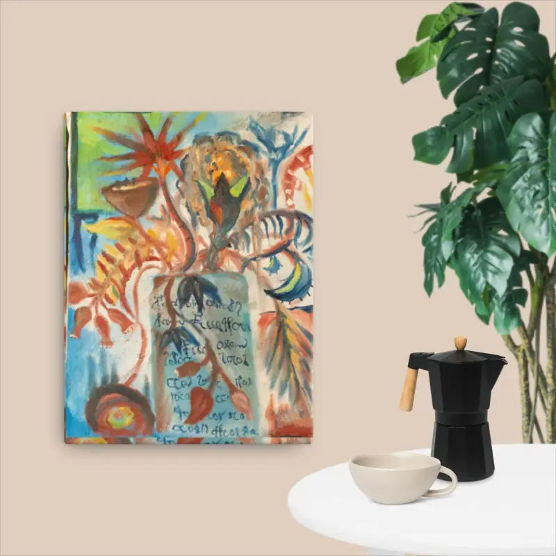 Colorful abstract canvas art print featuring tropical motifs inspired by Voynich Manuscript