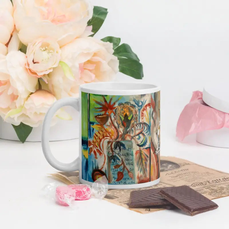 Colorful artistic ceramic mug featuring abstract sea creatures by Matthew Dye Art