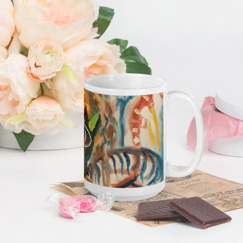 White ceramic mug with abstract watercolor design in brown, blue, yellow - Voynich Ceramic Mug