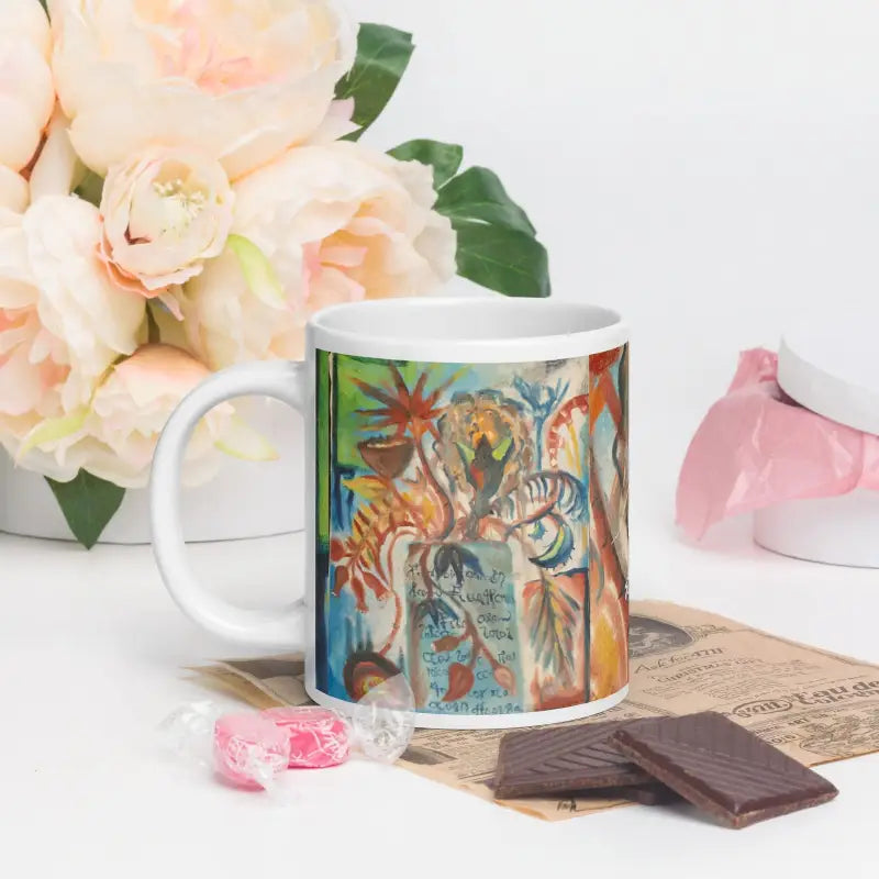 White ceramic mug with vibrant tropical art, Voynich Ceramic Mug by Matthew Dye Art