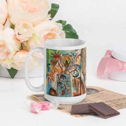 White ceramic mug with colorful tropical art design by Matthew Dye for Voynich collection