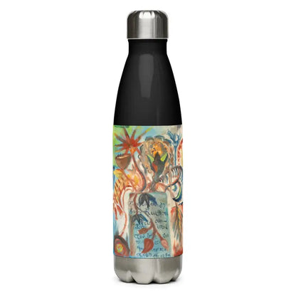 Stainless steel water bottle featuring a colorful dinosaur-themed design by Voynich Elegance