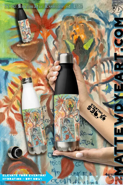 Colorful graffiti-style artwork on Voyager Elegance stainless steel water bottle