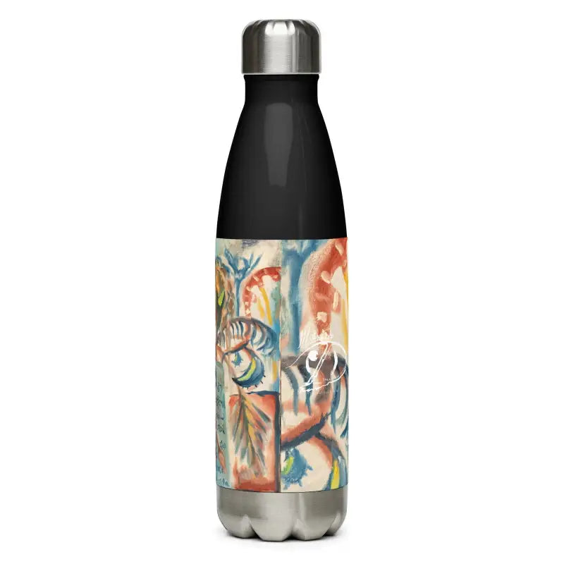 Stainless steel water bottle featuring a vibrant floral and botanical design