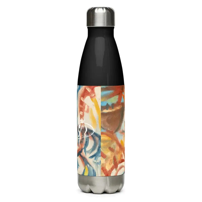 Stainless steel water bottle featuring an abstract colorful design by Voynich Elegance